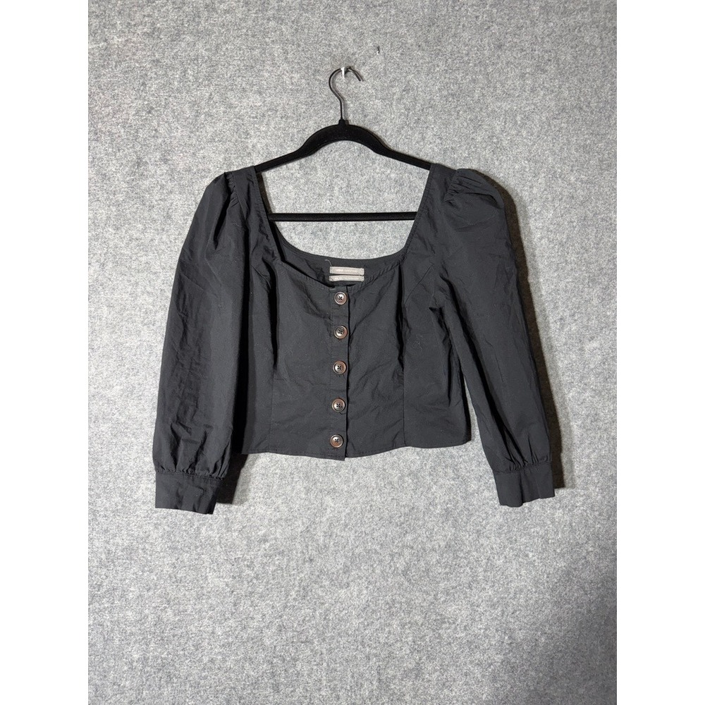 Urban Outfitters Black Square Neck Button Front Puff Sleeve Crop Top Medium - Picture 2 of 8